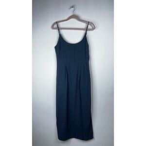 Jenni Kayne Rove Dress Silk Navy Blue Midi Dress Pockets Textured Classic Small